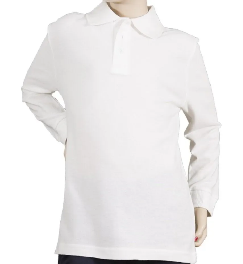 Premium Quality Double Pique Polo Shirts WHITE & NAVY Youth Unisex (Boys & Girls) School Uniform Kids Long Sleeve Golf Shirt (Pack of 2)