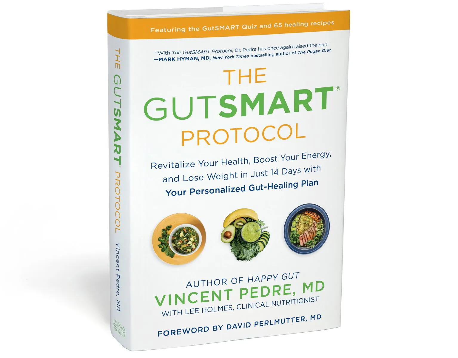 The GutSmart Protocol book cover by Vincent Pedre, MD, featuring health-related titles and food images.
