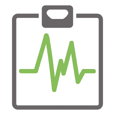 Icon of a clipboard with a green heartbeat line, symbolizing medical records or doctor's assessment.
