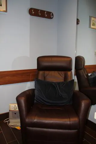 Brown recliner in a room with wood paneling and a coat rack on the wall.