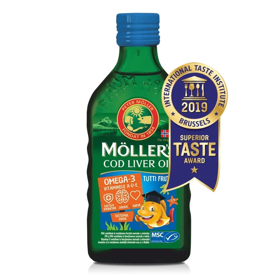 Рибено масло Möller's от черен дроб на треска, 250 ml | ПЛОДОВ ВКУС, Omega-3 + витамини A, D, E