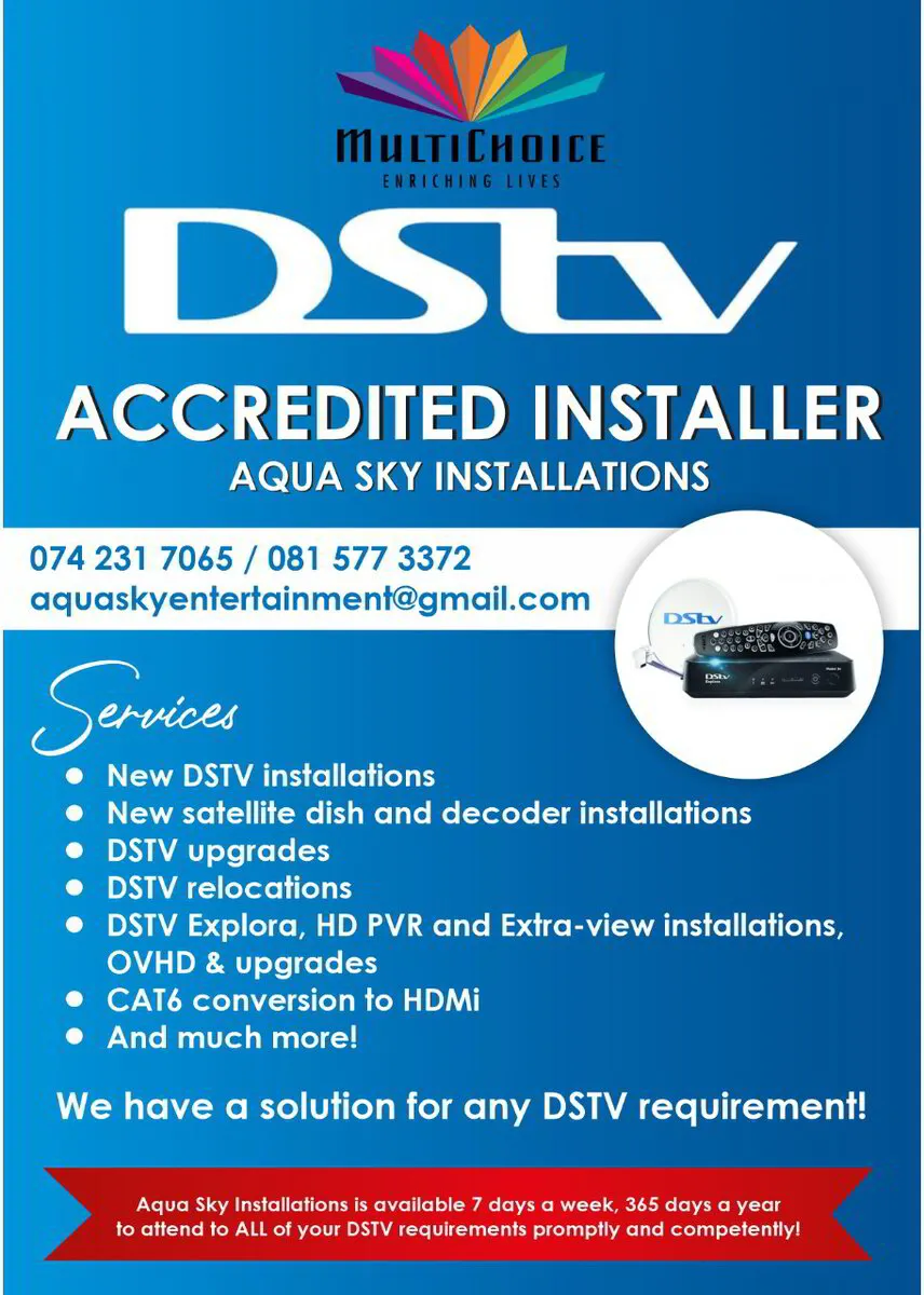 We install, fix, move, setup new DSTV services in St Francis Bay and surrounds and do it first time right. We are DSTV, Multichoice accredited installers. Call us or send whatsapp anytime Aqua Sky DSTV Installations Roger Brink 0815773372 / 0742317065