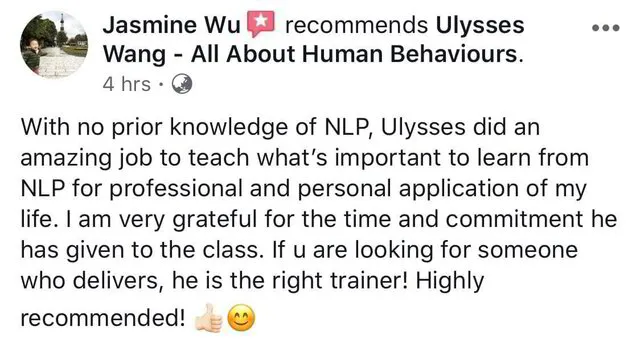 Ulysses Wang NLP Certification Review by Jasmine Wu