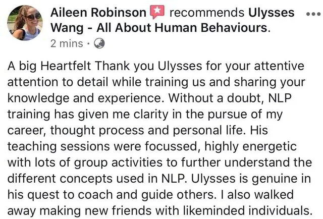 Ulysses Wang NLP Certification Review by Aileen Robinson
