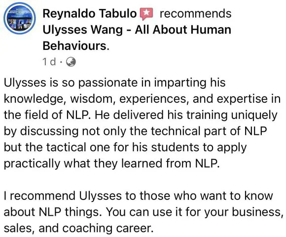 Ulysses Wang NLP Certification Review by Reynaldo