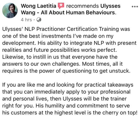 Ulysses Wang NLP Certification Review by Laetitia