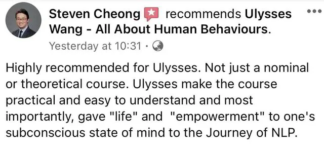 Ulysses Wang NLP Certification Review by Steven Cheong