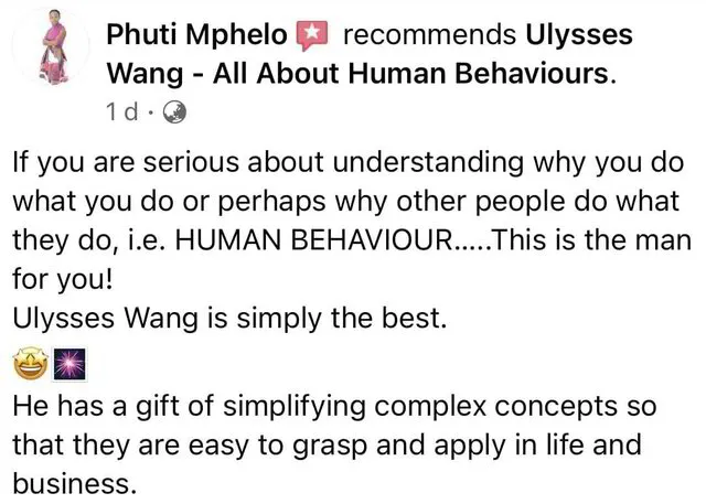 Ulysses Wang NLP Certification Review by Phuti Mphelo