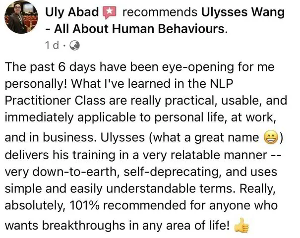 Ulysses Wang NLP Certification Review by Uly Abad