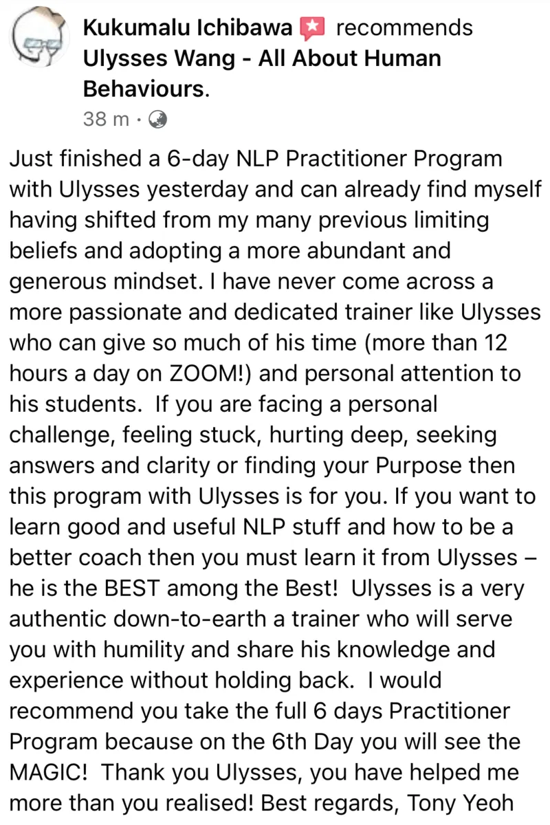 Ulysses Wang NLP Certification Review by Tony Yeoh