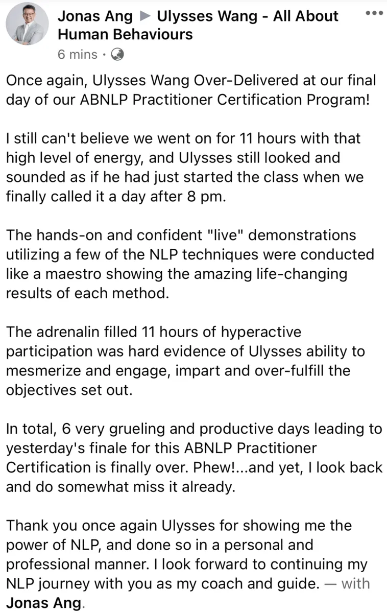 Ulysses Wang NLP Certification Review by Jonas Ang