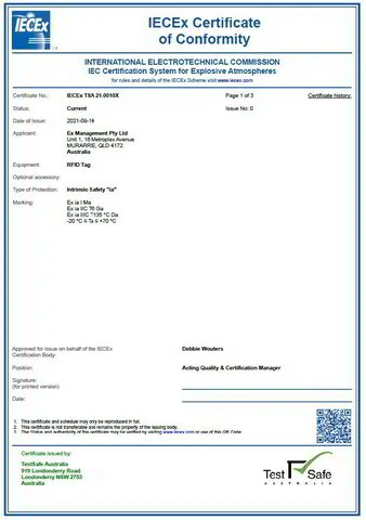 IECEx Certificate of Conformith for EX-Management Pty Ltd