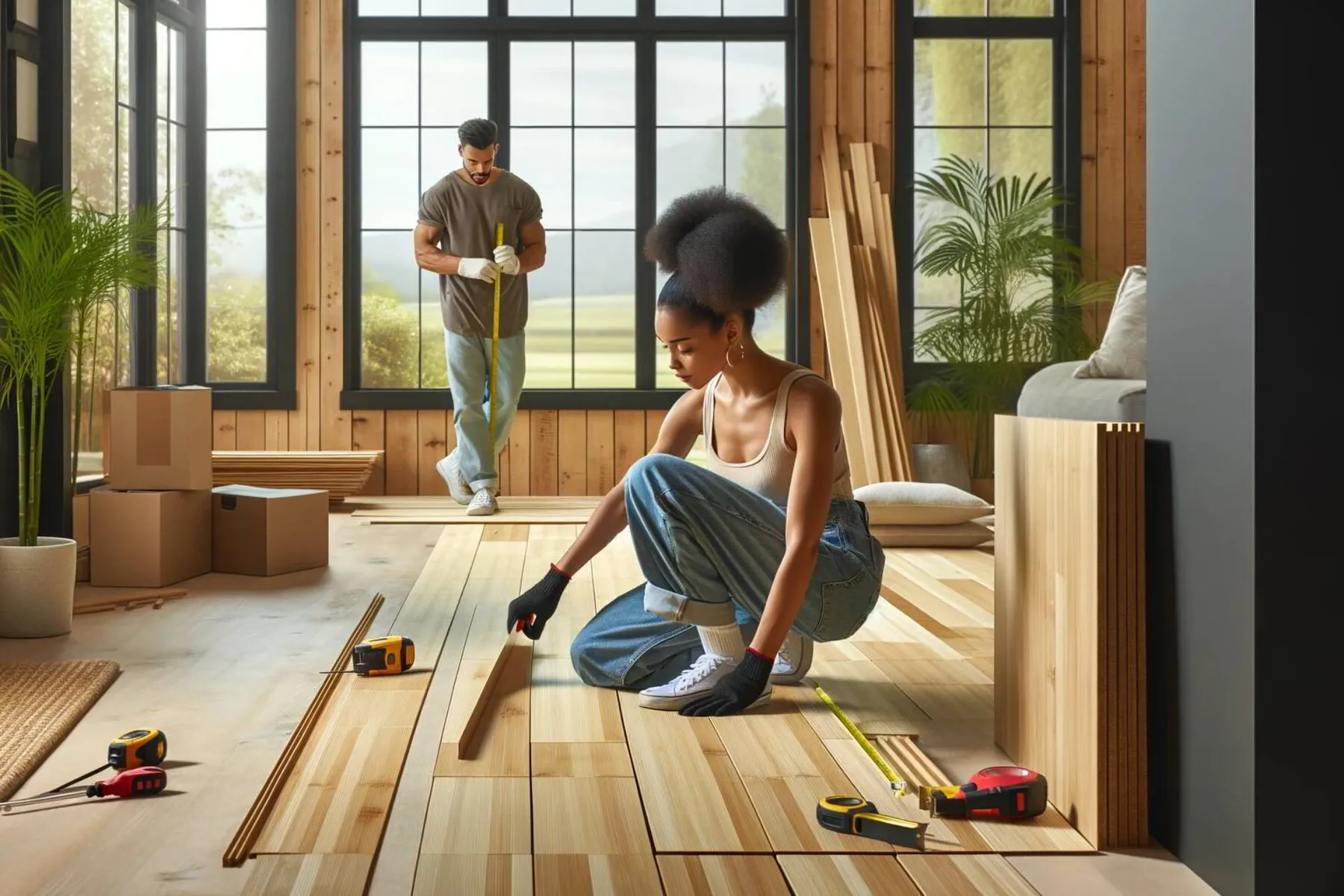 A scene of DIY homeowners working on installing bamboo flooring in their home