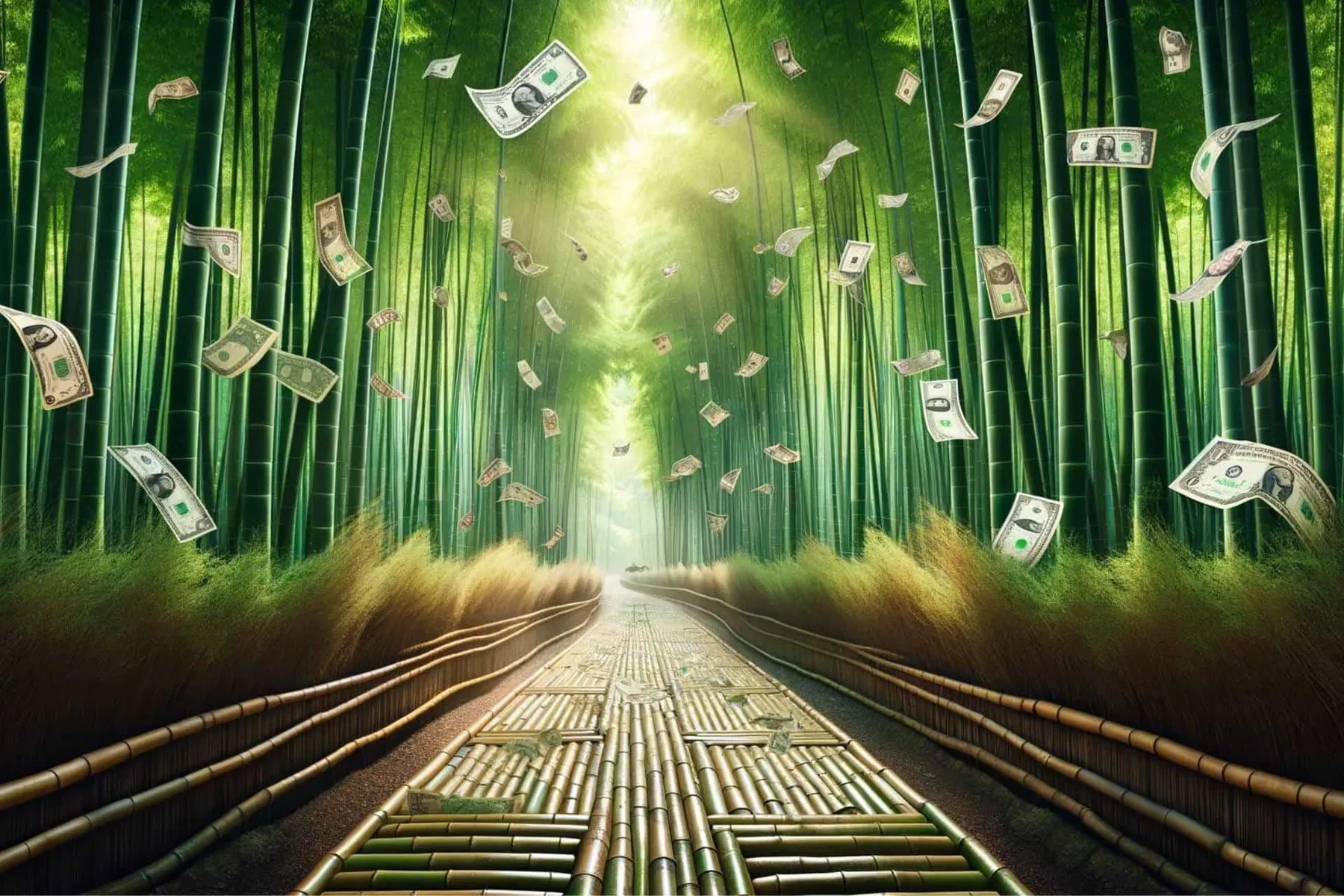 A surreal image featuring a dense bamboo forest with a path made of bamboo flooring raining dollars