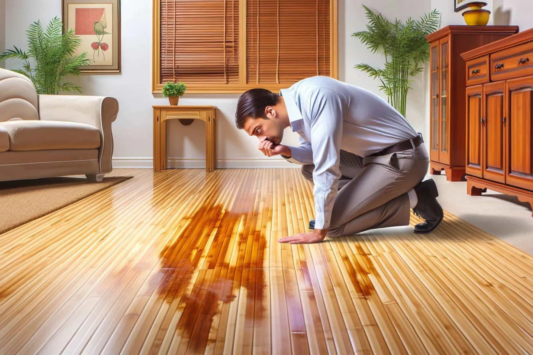 Homeowner kneeling on bamboo floor checking moisture damage