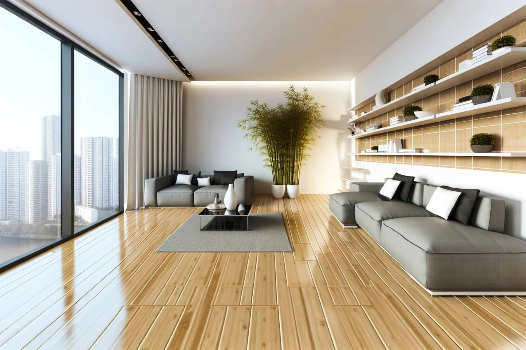 Photo of a modern living room with bamboo flooring