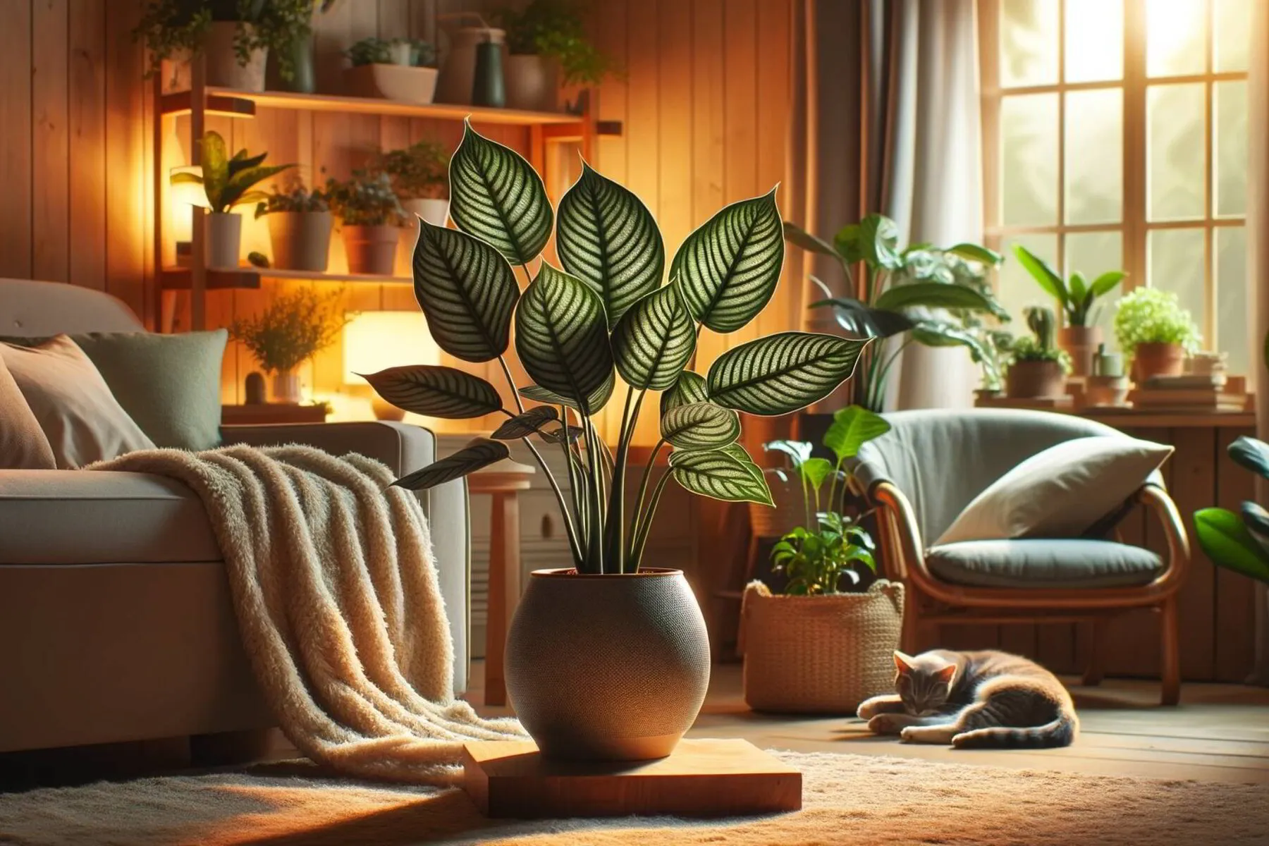 A cozy home interior showcasing a prayer plant