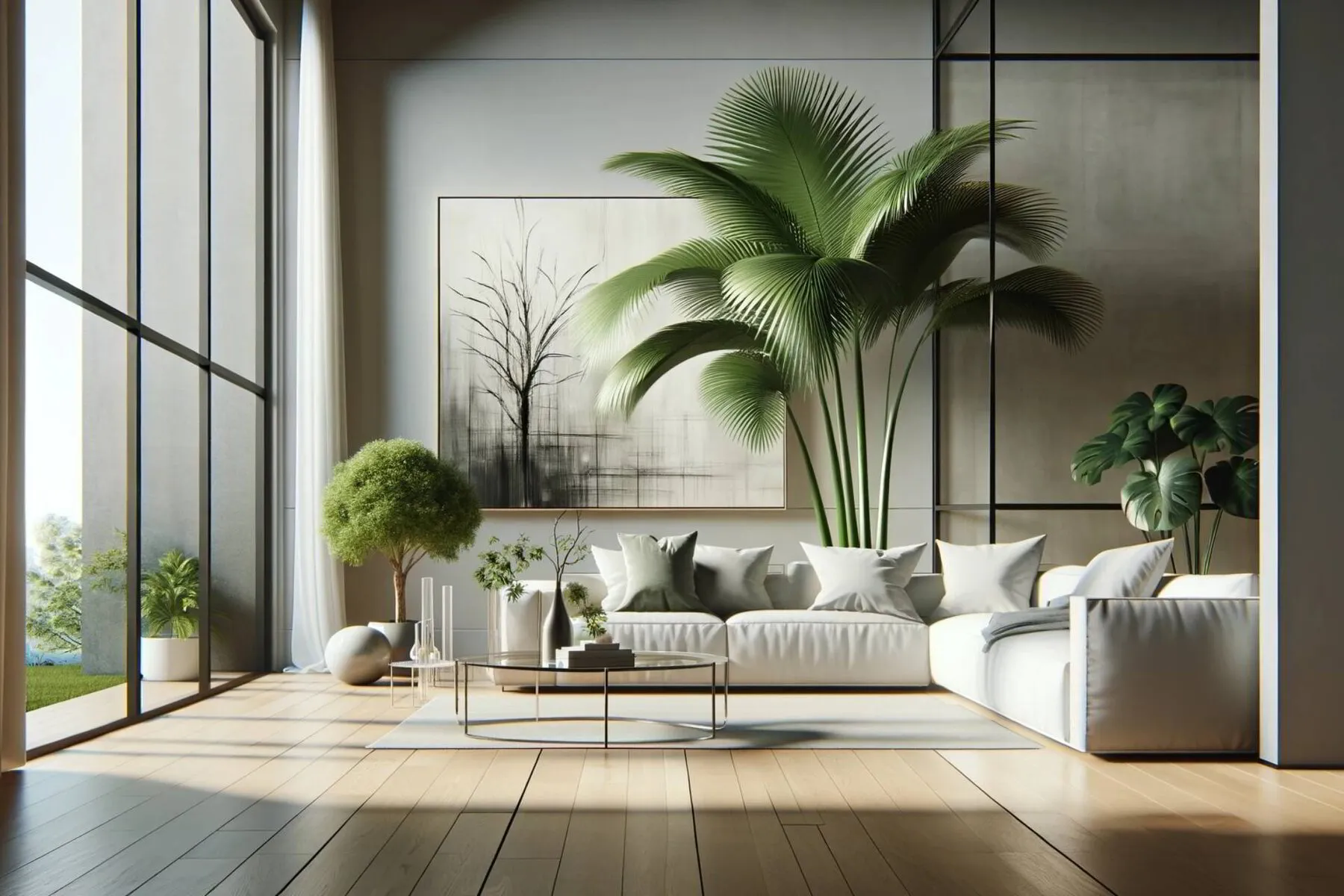 A modern home interior featuring a bamboo palm as the focal point