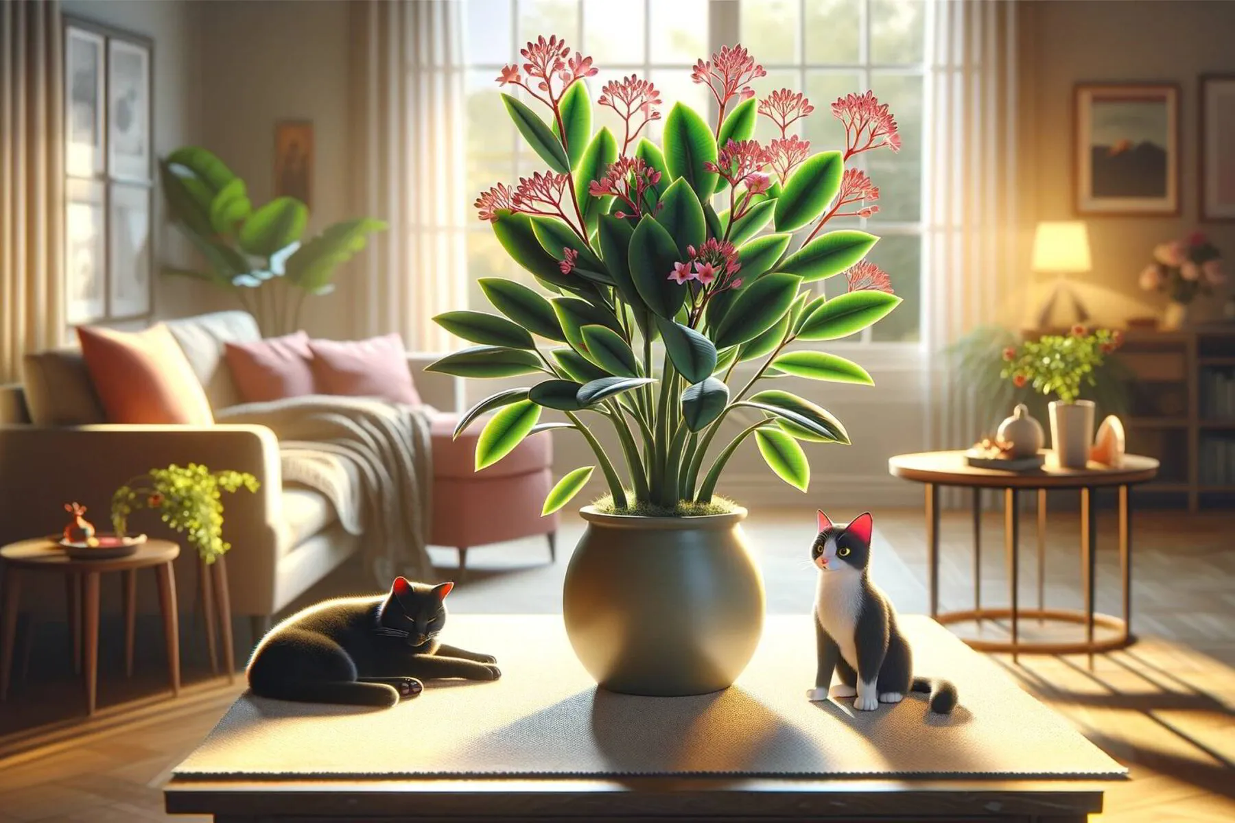 An indoor scene featuring a 'friendship plant' with soft leaves and vibrant pink buds, indicating its cat-friendly nature