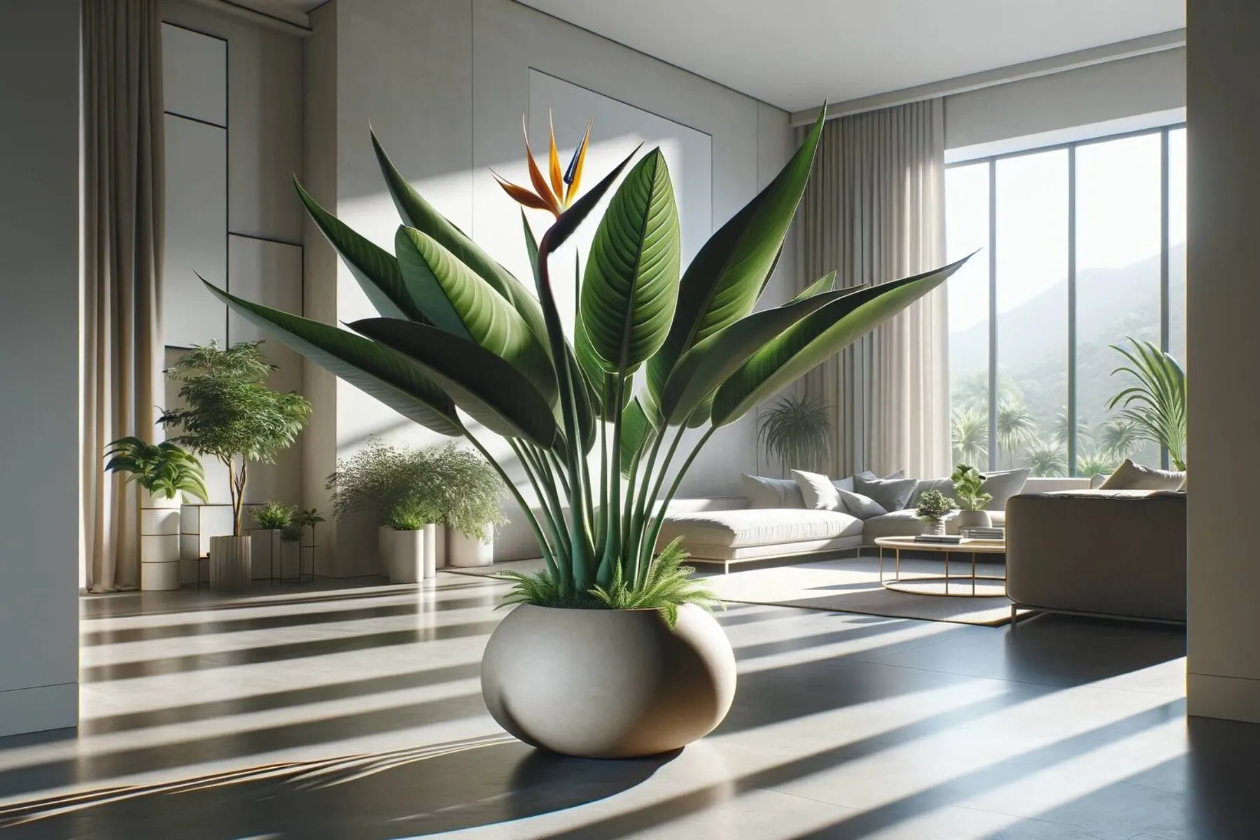 Bird of Paradise plant indoors in a modern, brightly lit home