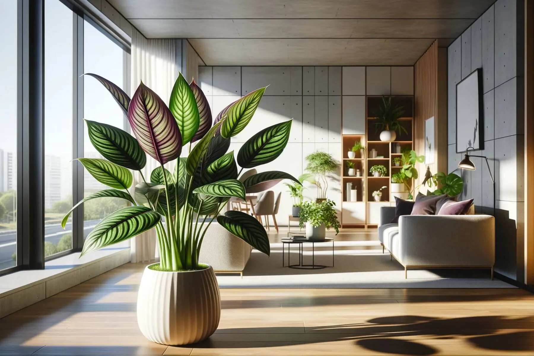 Calathea plant indoors in a modern, brightly lit home