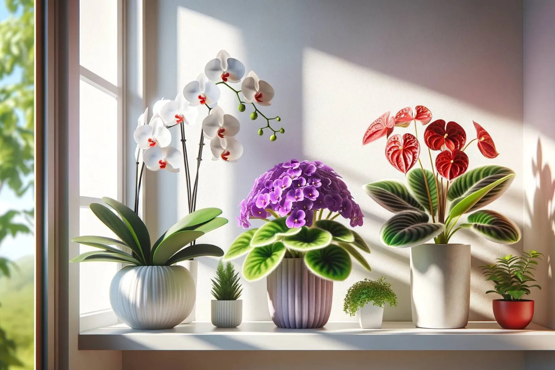Featuring a moth orchid, african violet and flamingo lily in a brightly lit modern home