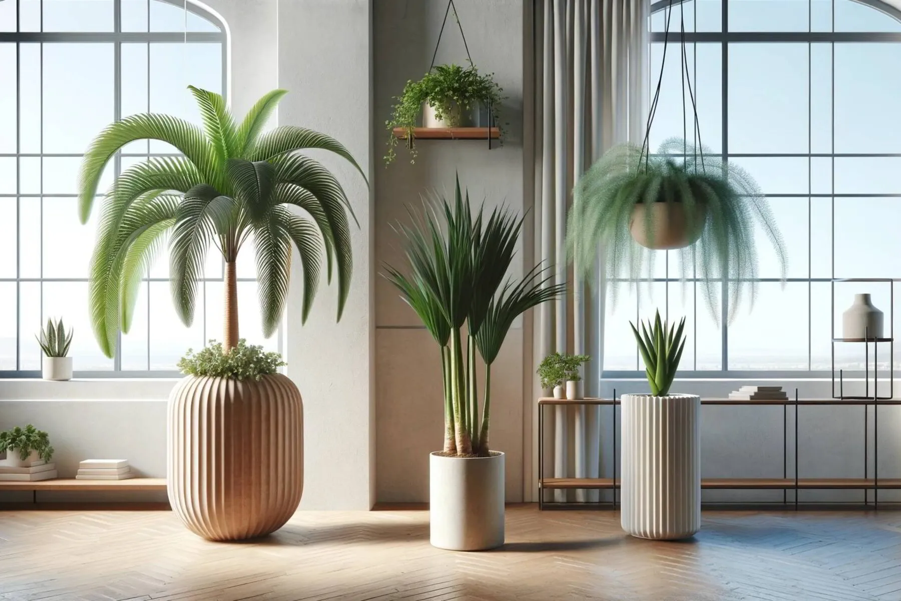 Modern home interior featuring, from left to right, a Ponytail Palm, a Yucca, and an Asparagus Fern