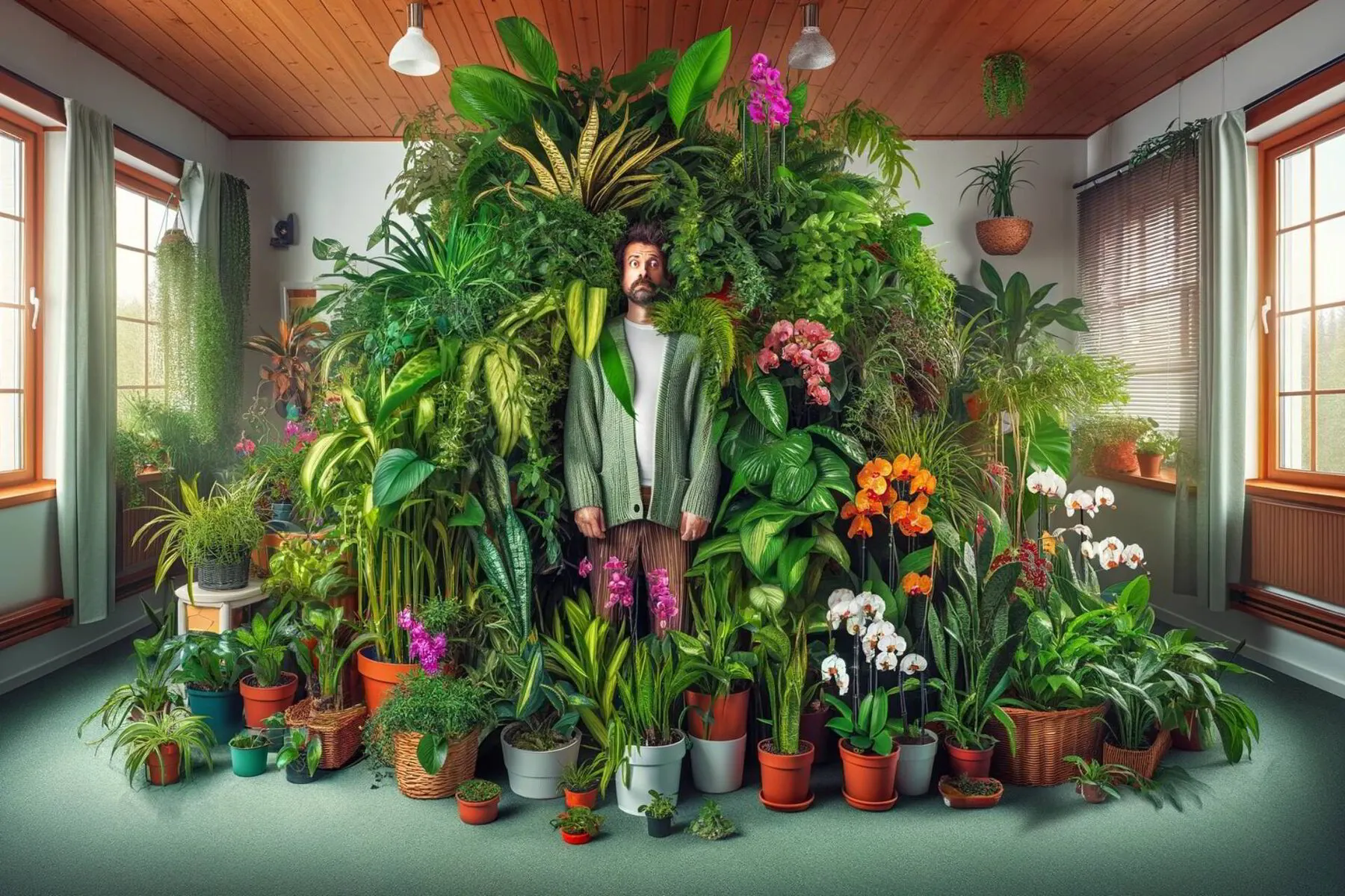 Person standing up, peeking through an overwhelming amount of indoor plants
