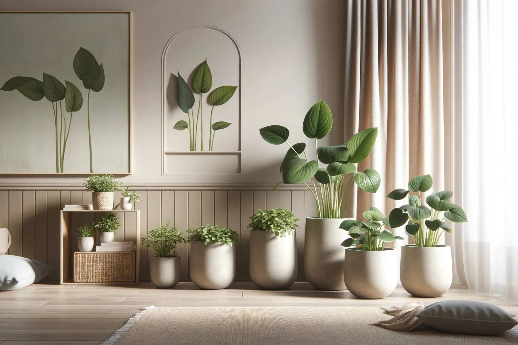 Tranquil home interior with a few Peperomia varieties strategically placed around the room