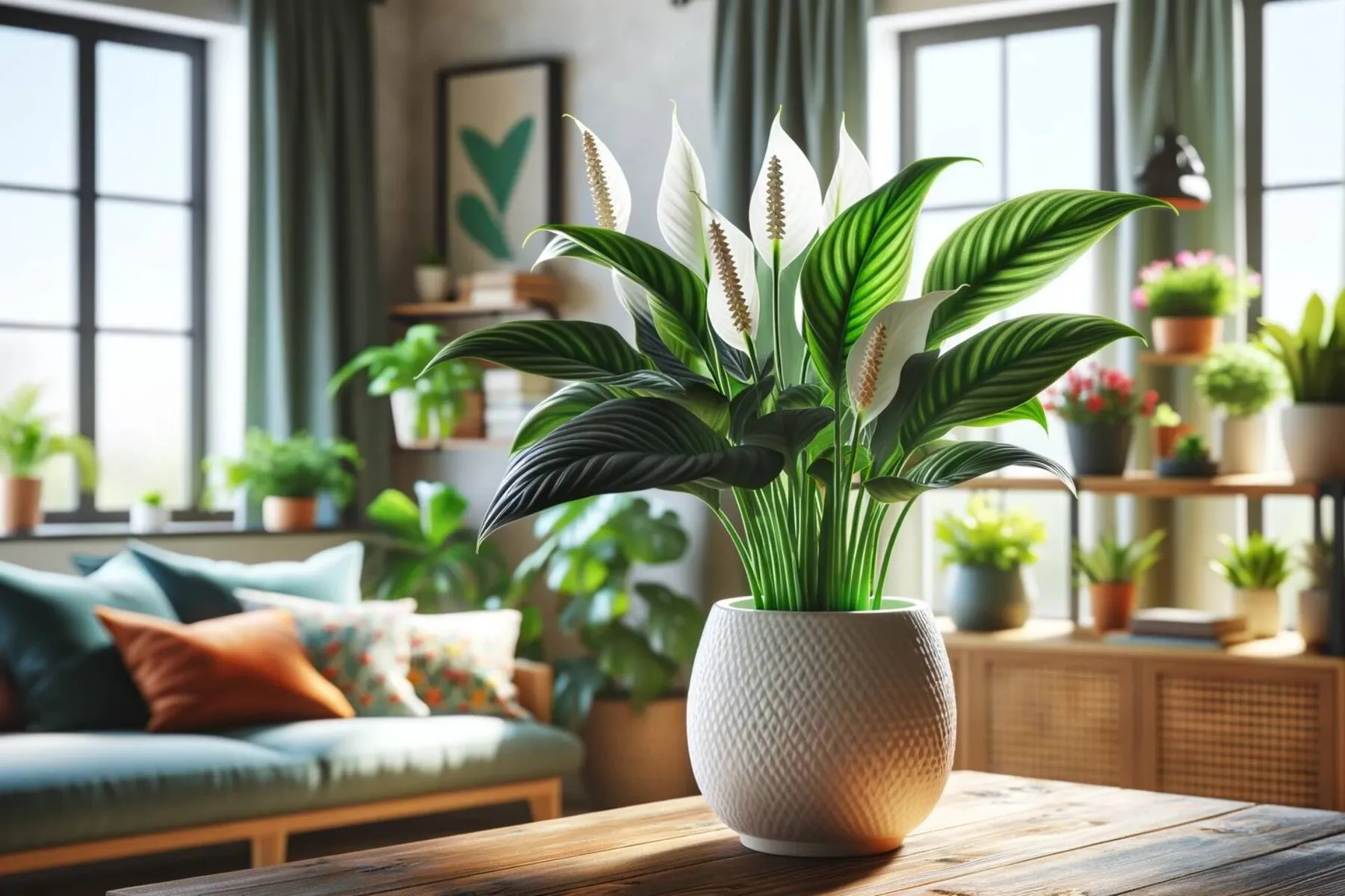 flourishing peace lily plant with its dark green leaves and white blooms, in a stylish white ceramic pot