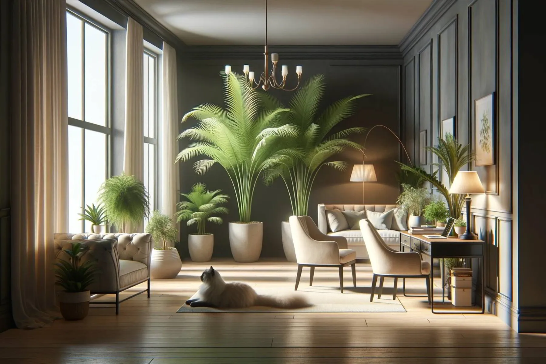 serene and elegant scene depicting parlor palms in a home setting