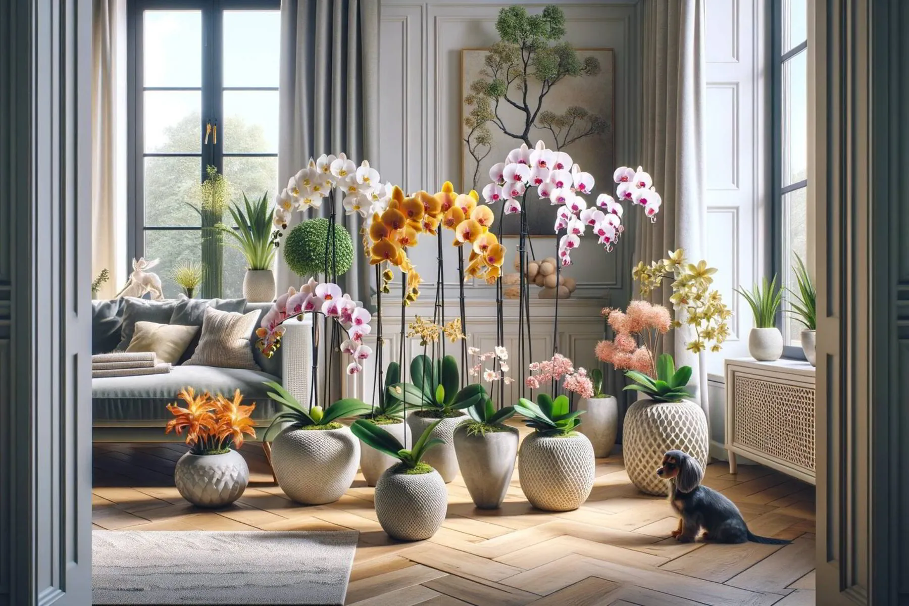 stylish interior showcasing elegant orchids and pet-friendly bromeliads