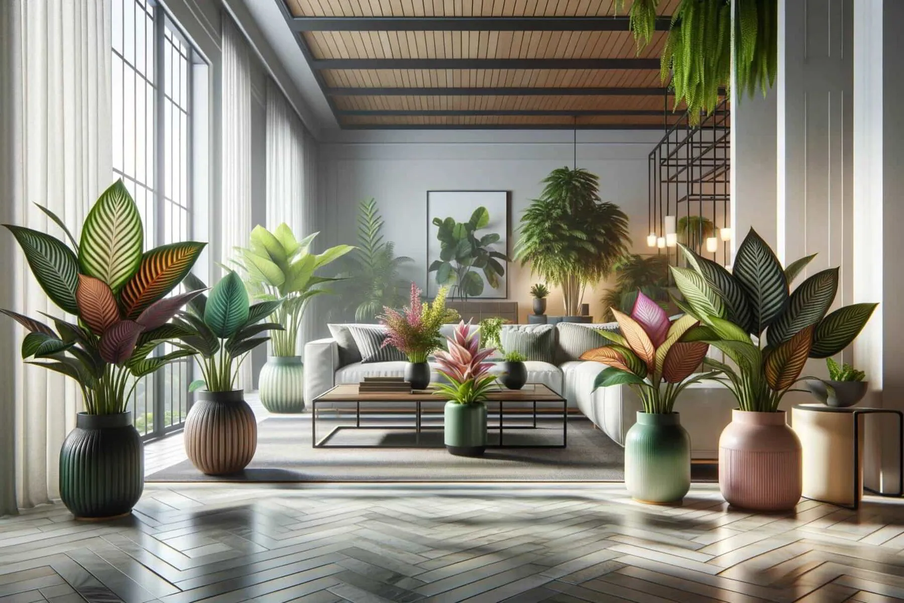 various tropical Calathea plants within a modern home interior