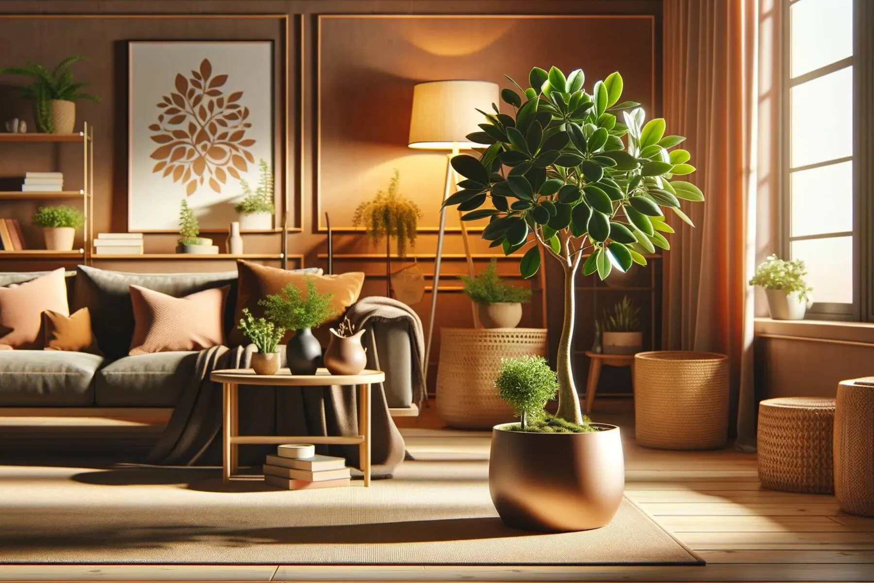 warm and inviting room featuring a Money Tree plant