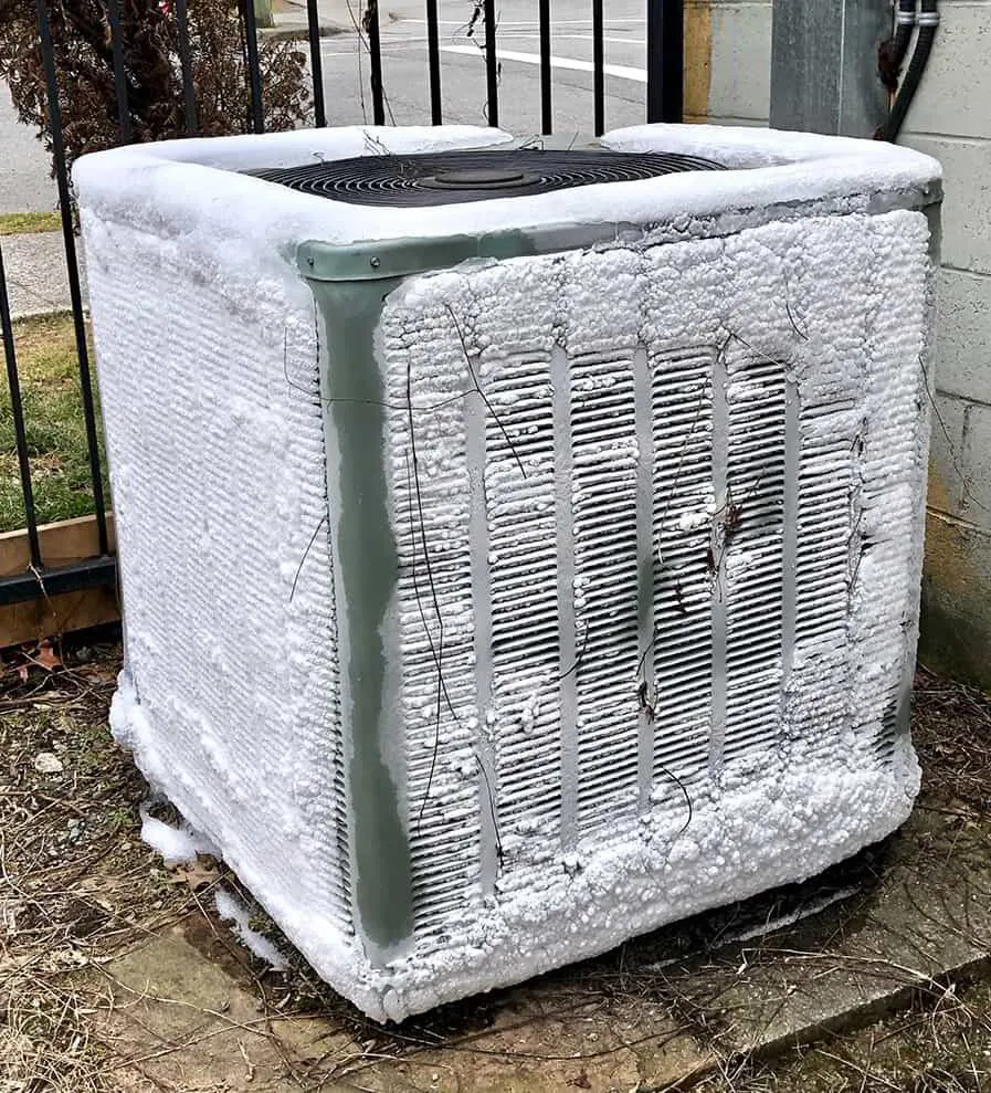 Heat pump outdoor unit covered in snow and ice
