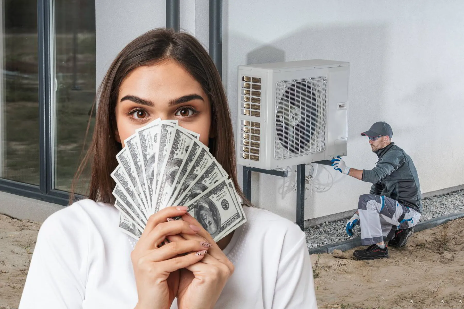 Woman with HVAC tech installing a heat pump