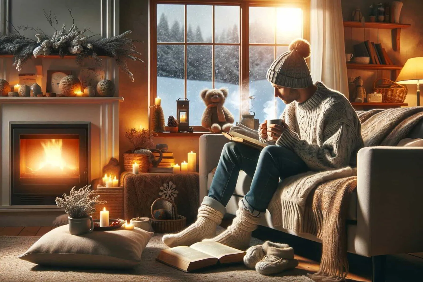 cozy winter scene featuring a homeowner sitting comfortably on a plush couch, enveloped in warmth