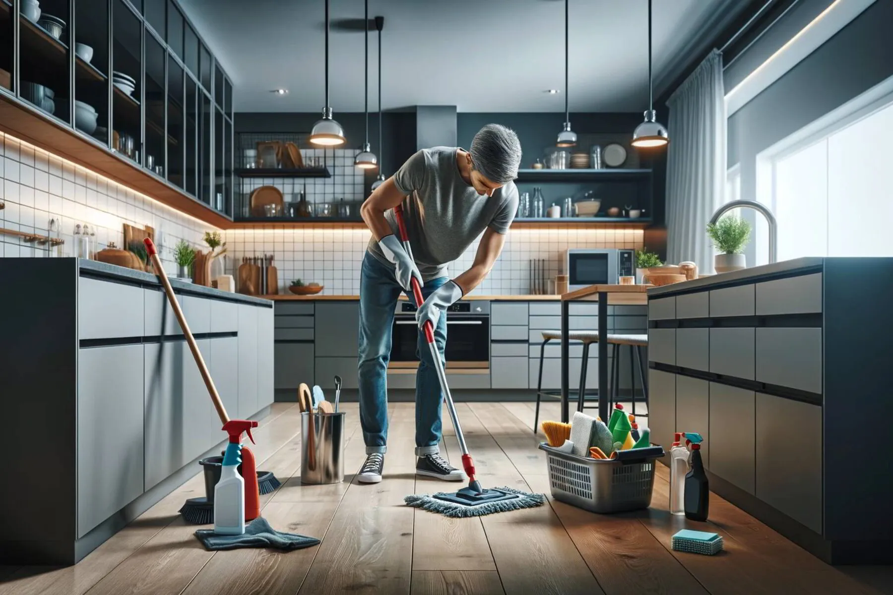 homeowner cleaning a modern kitchen, equipped with various cleaning tools