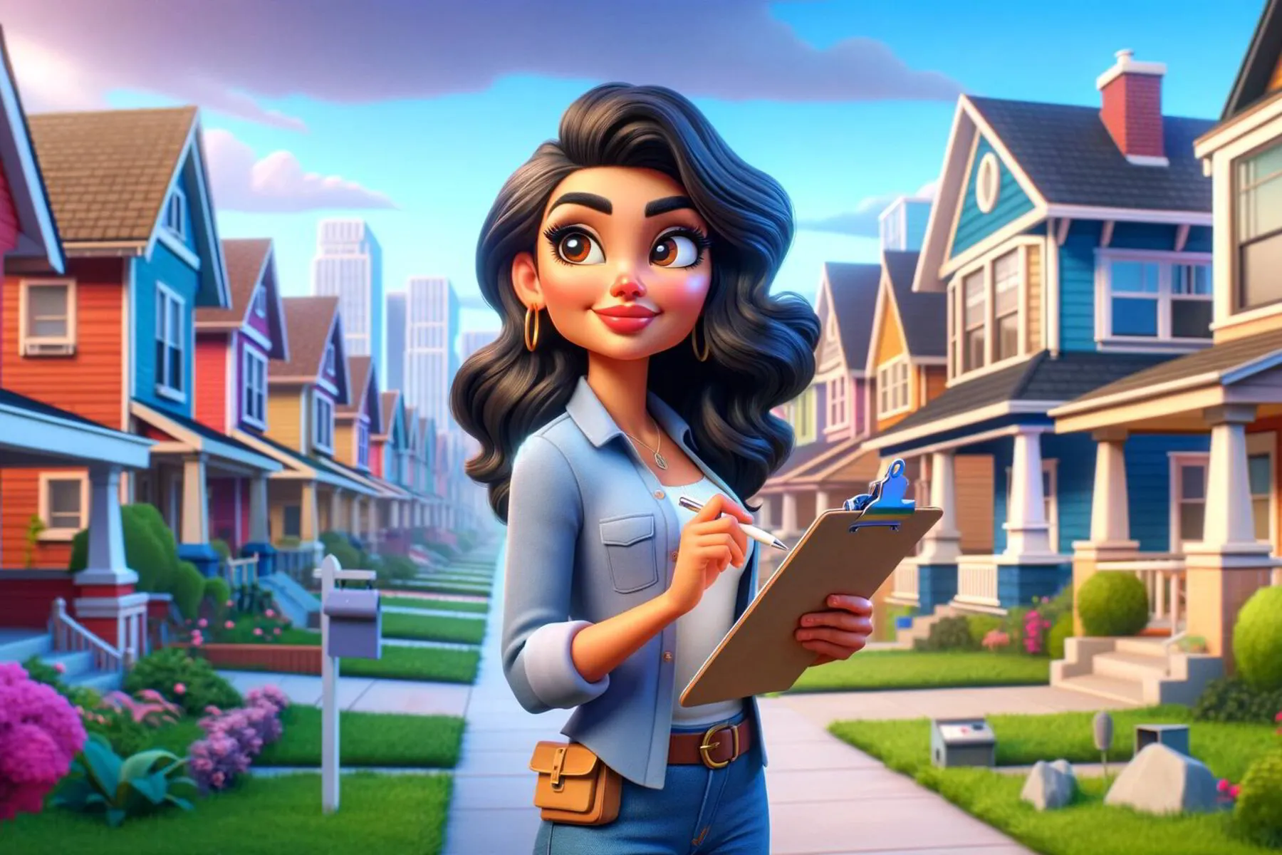 savvy house flipper, a Hispanic woman in her 30s, searching for the perfect house in a vibrant neighborhood