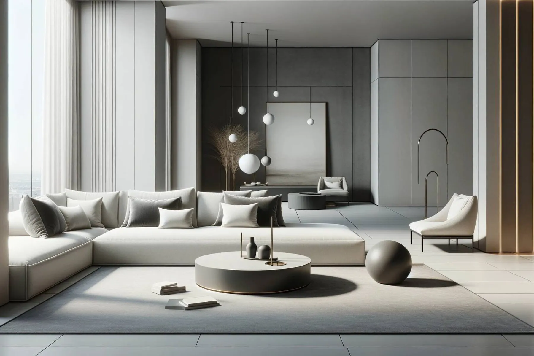 A minimalist luxury interior design room with high-quality, large furniture pieces