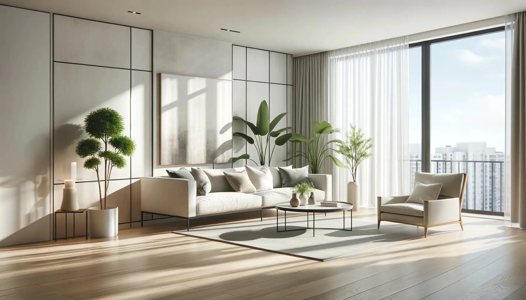 A modern Scandinavian-style living room with a minimalist design