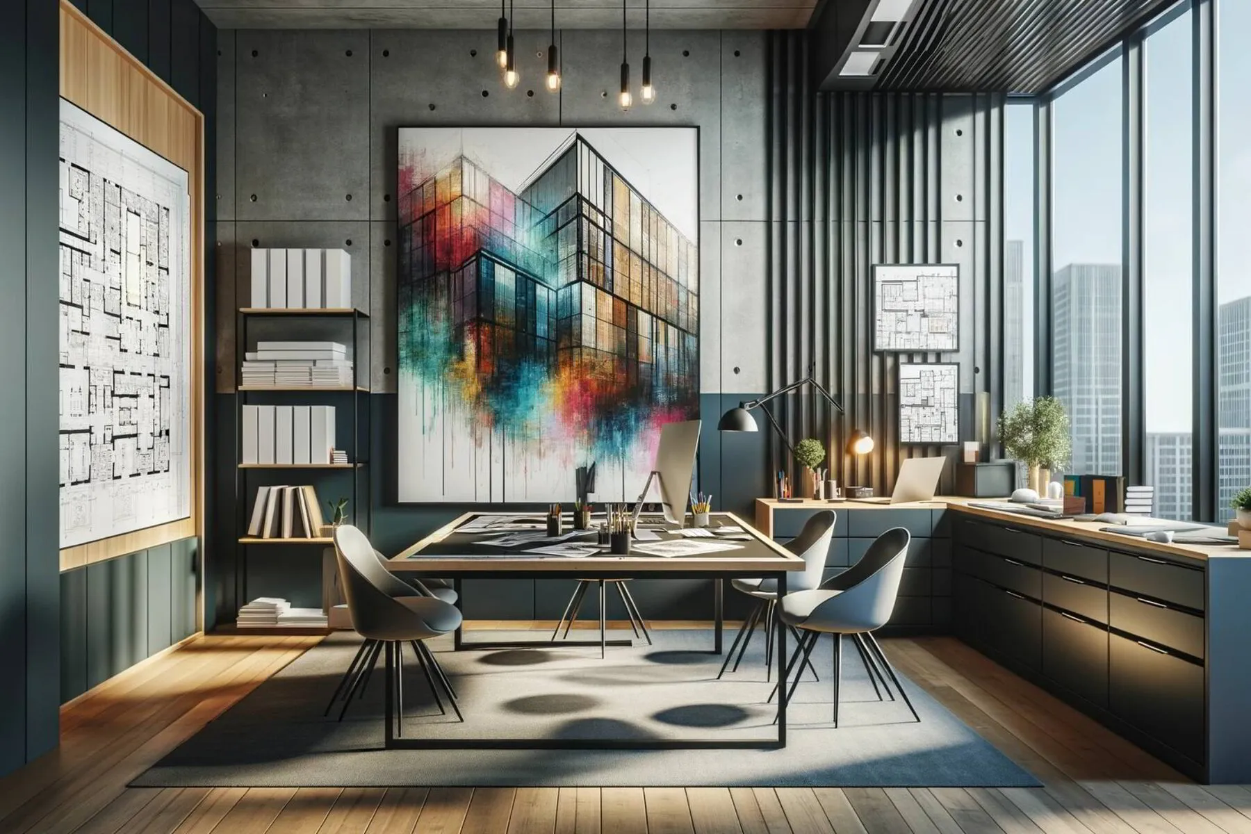 A modern interior design office scene, with a focus on a wall featuring a large, abstract painting