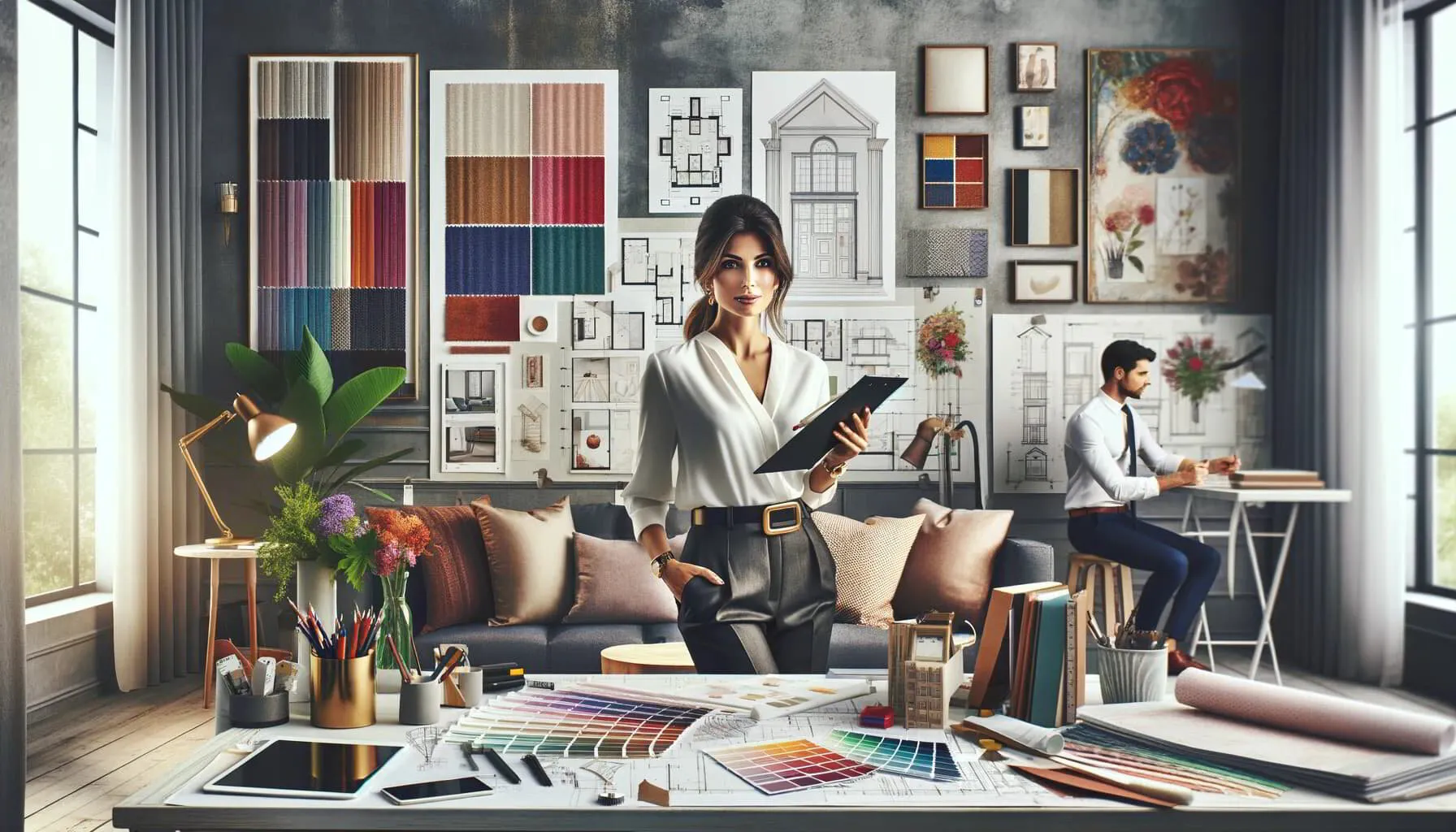 A professional and stylish woman, embodying the role of an interior designer, stands prominently in her workspace