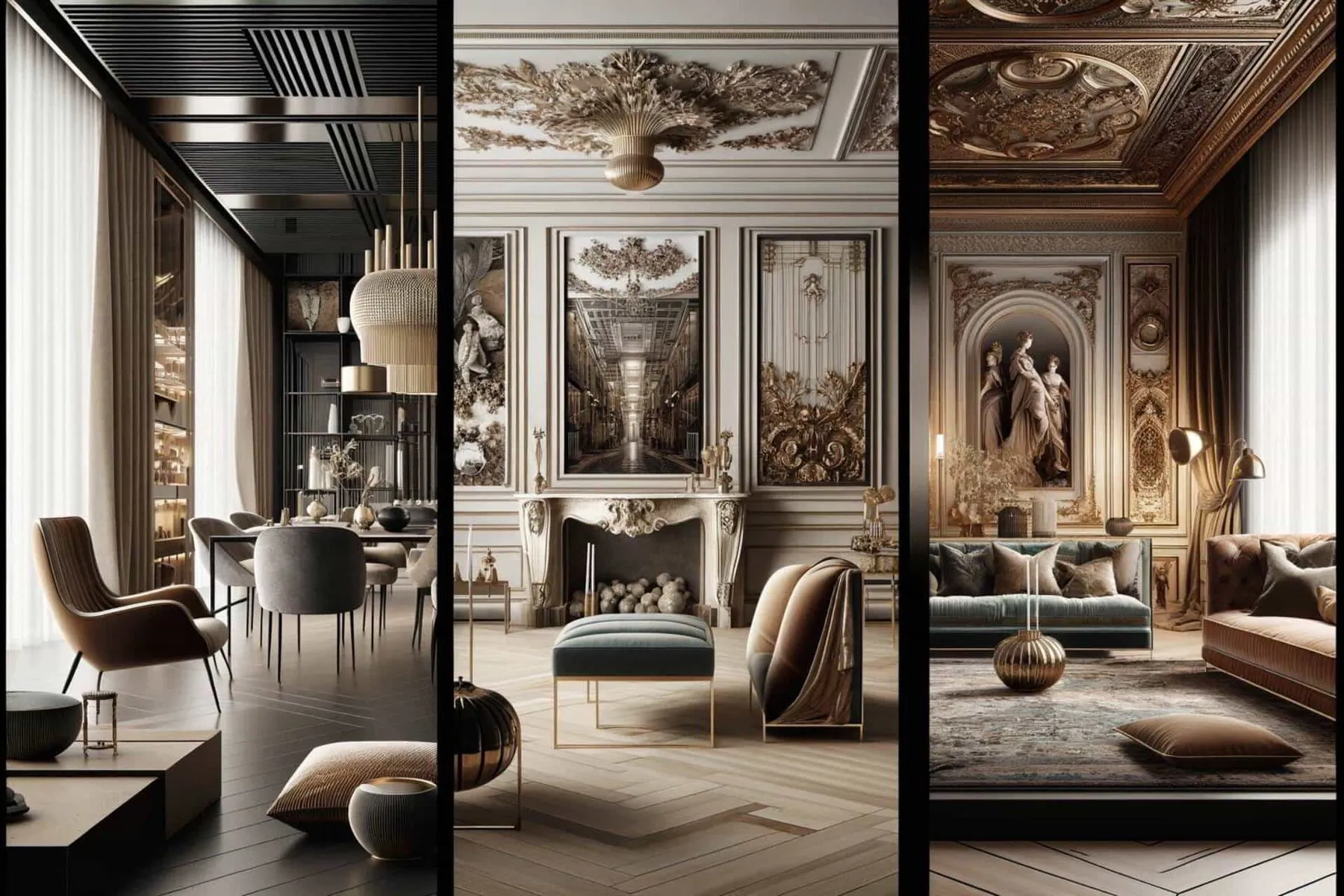 A sophisticated, luxurious interior design collage showcasing three distinct styles_ Modern, Traditional, and Transitional