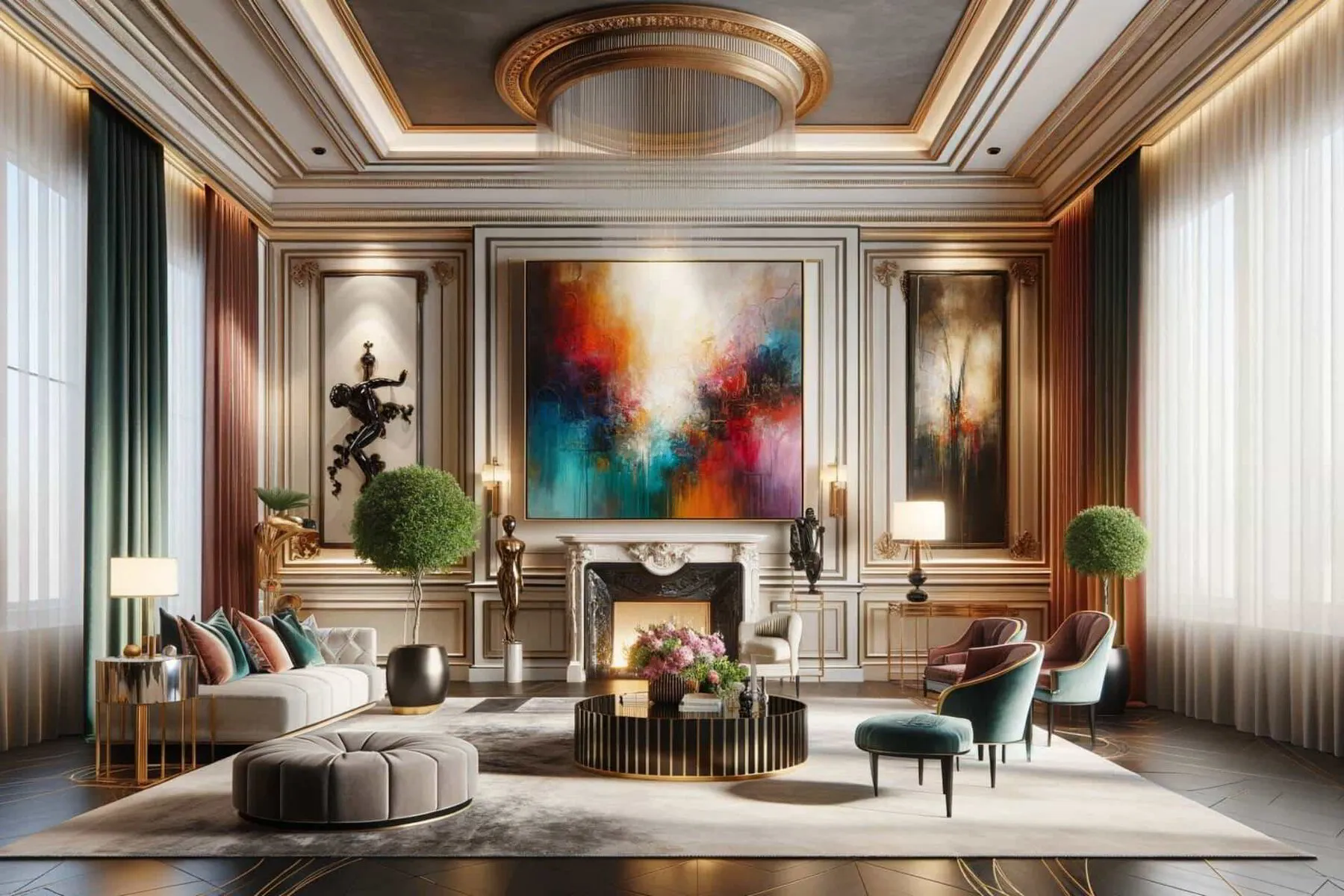 An elegant, luxurious interior design scene that showcases the impact of a statement art piece. 