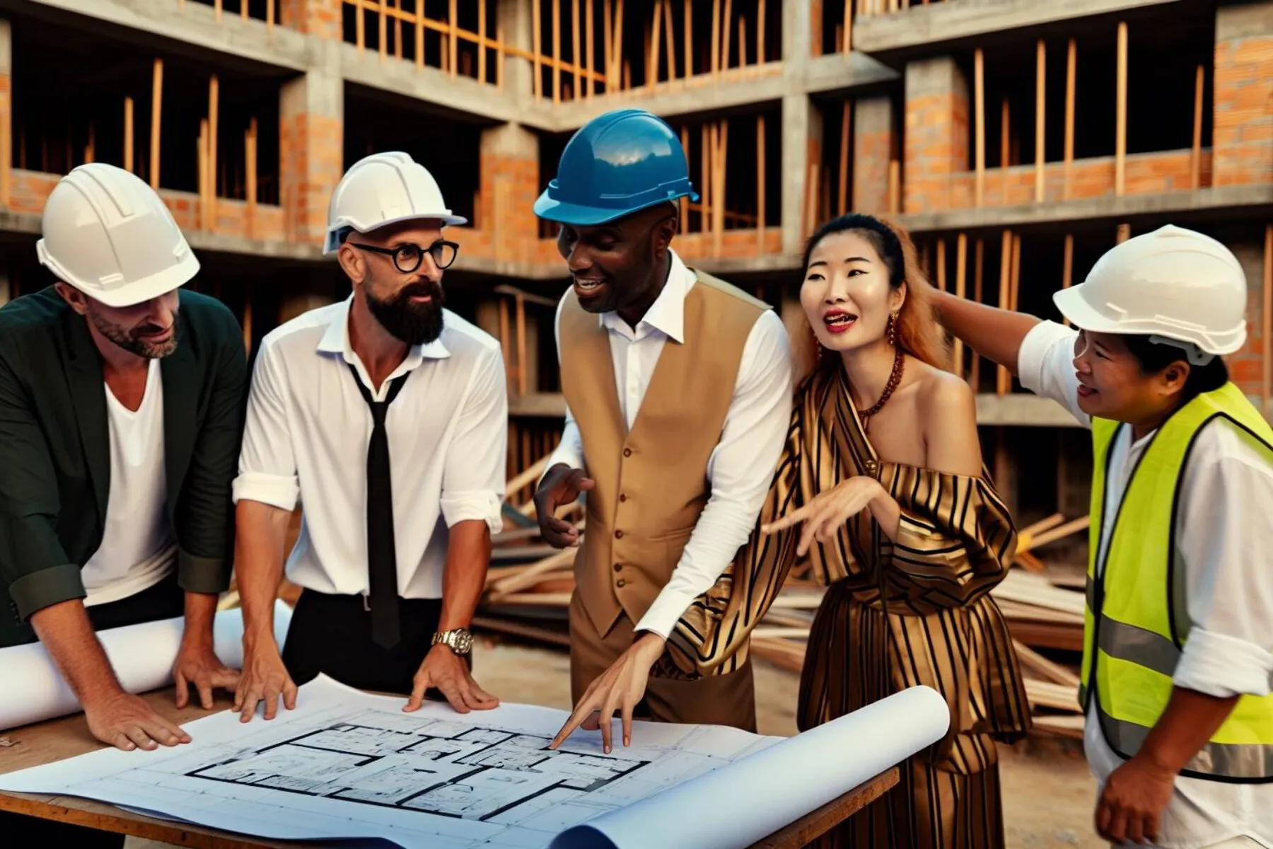 Construction contractors and interior designer chatting over a design
