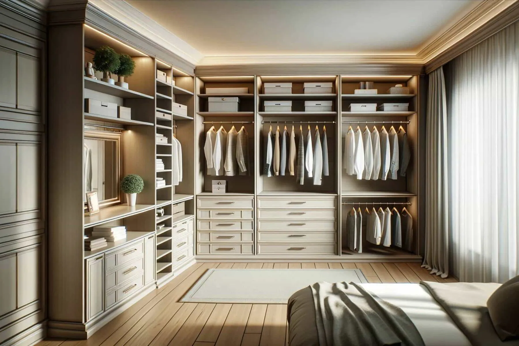 Elegant and functional custom closet solution in a home, designed to maximize storage and organization
