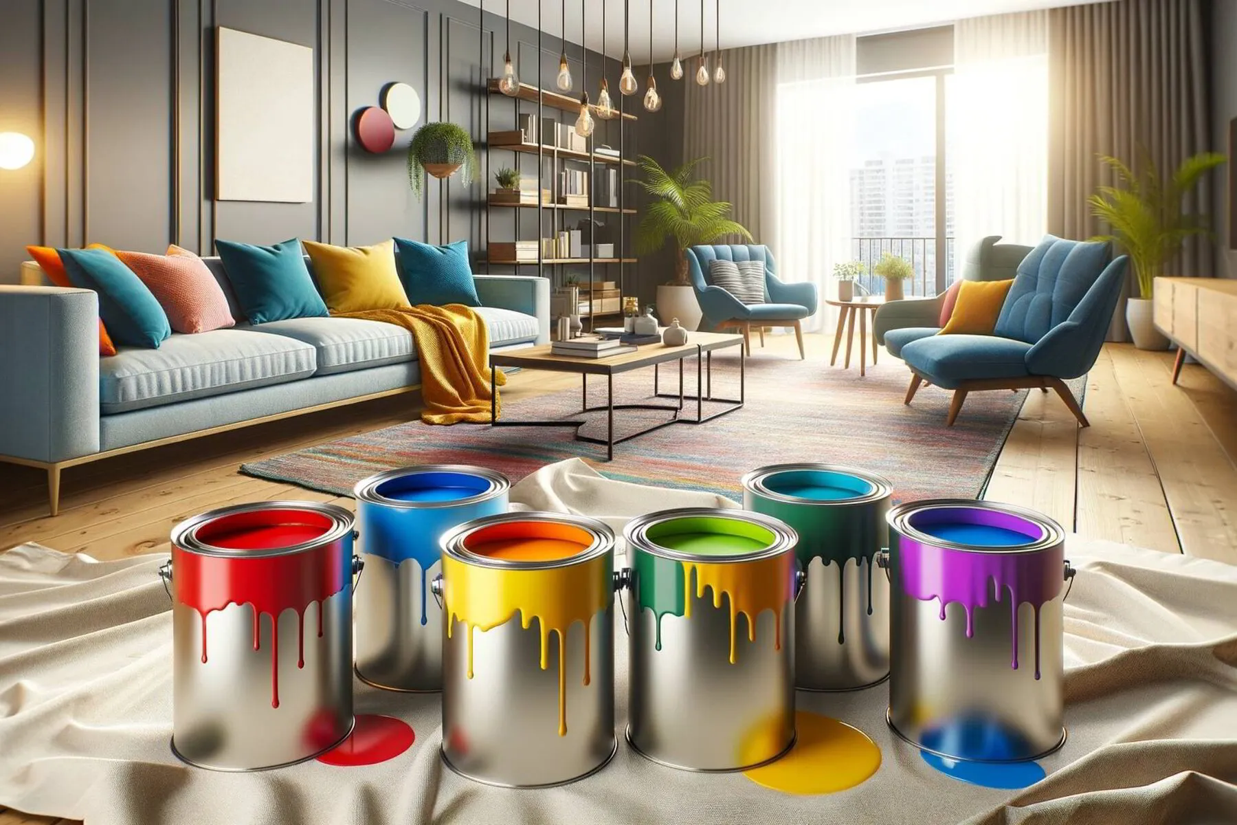 Six different brightly colored paint pots placed on a drop cloth in a living room setting