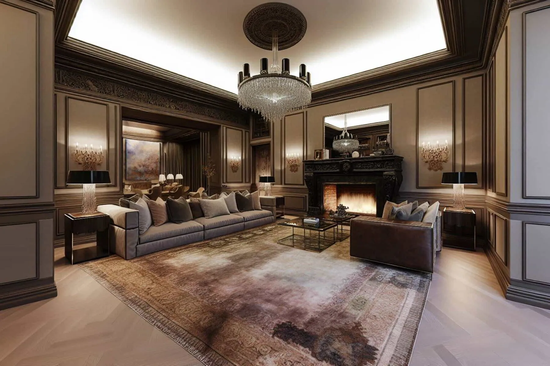 Luxurious living room with a stylish fireplace and high-quality materials