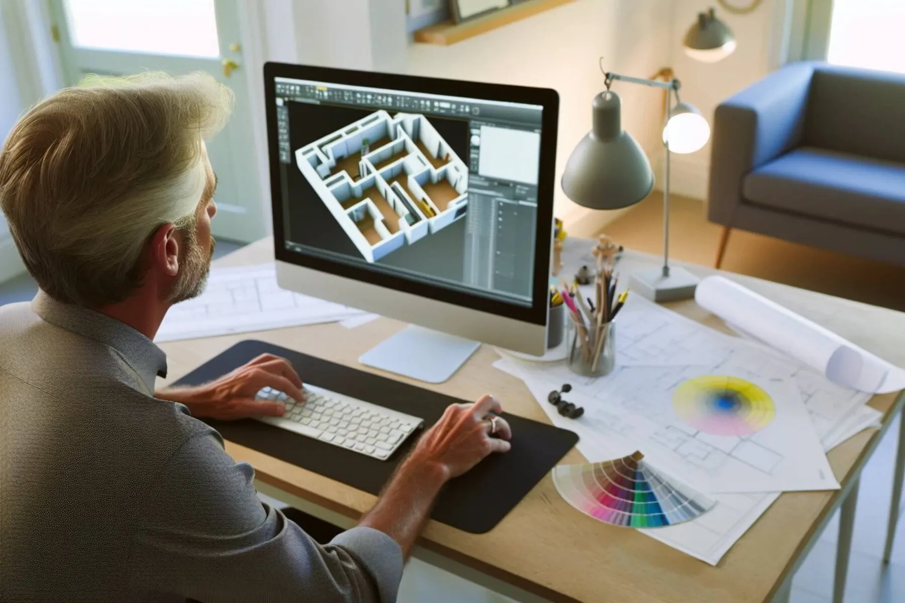 Male interior designer using design software
